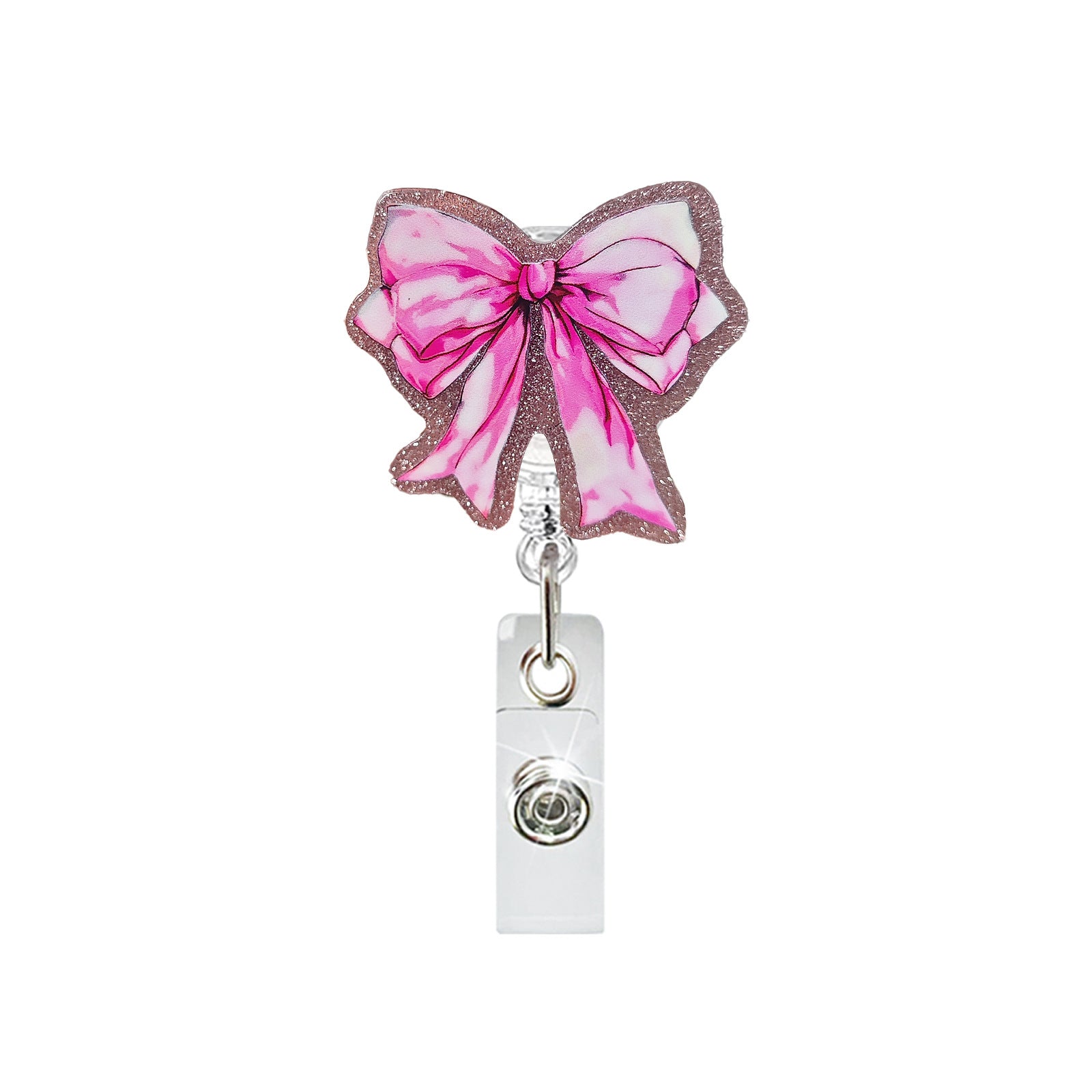 Wholesale Acrylic Pink Bow Retractable Rotating Badge Scroll badge reels